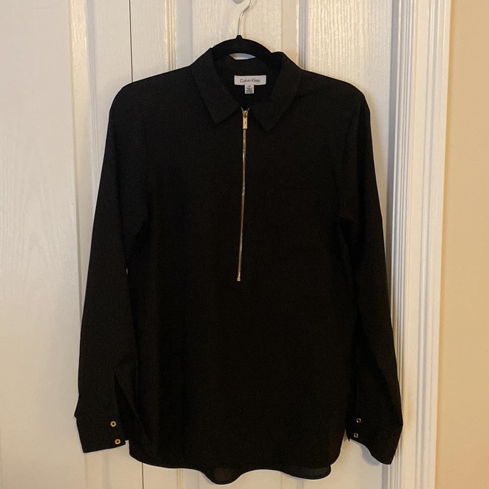 Calvin Klein black collared blouse with gold zipper